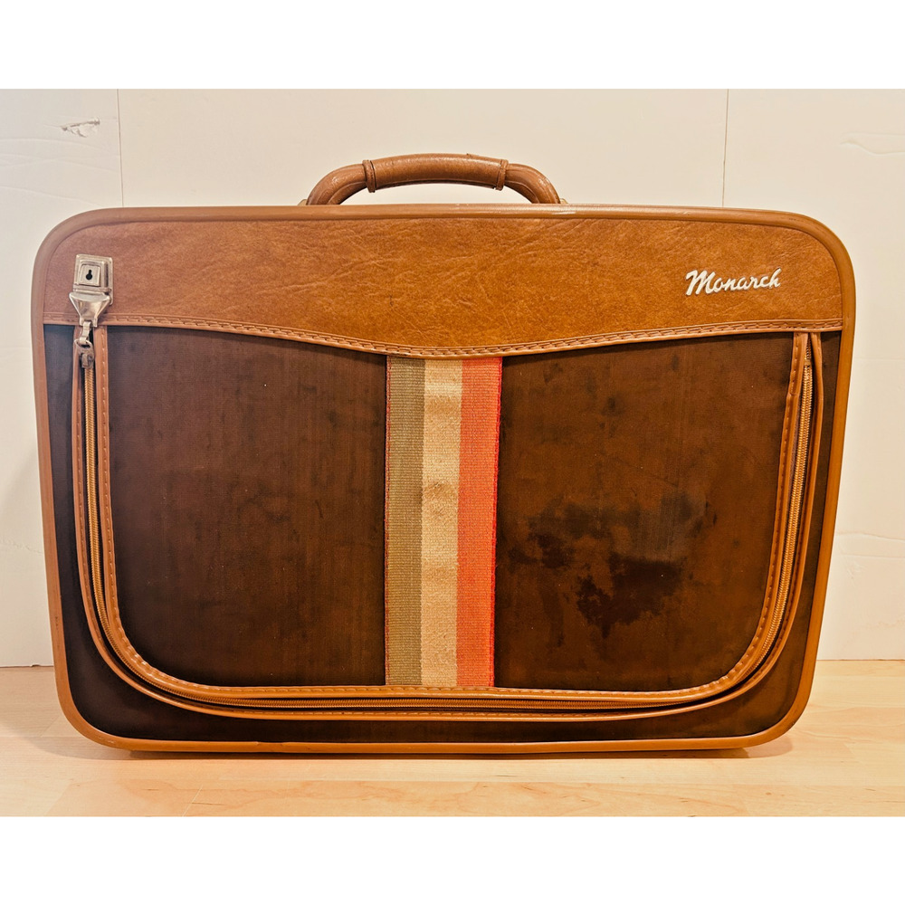 Vintage 1970s Monarch Luggage Suitcase Brown Canvas Tricolor Stripe Tapestry MCM
